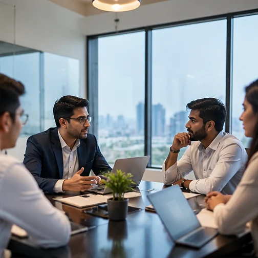 Business professionals planning a technology project (illustrative photography)
