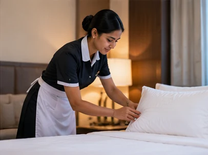 Hotel housekeeping attendant preparing a guest room (illustrative photography)