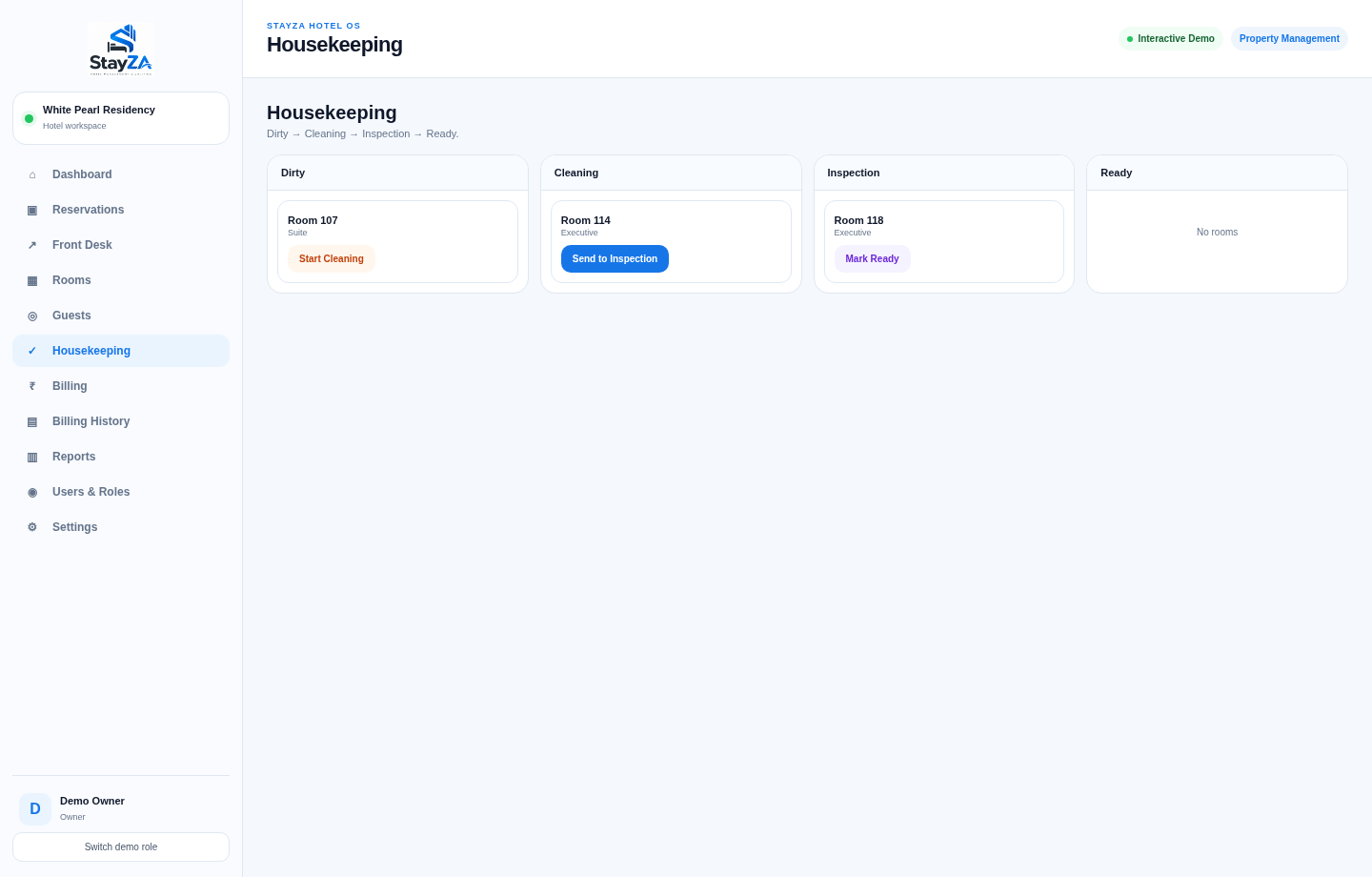 STAYZA demo: Housekeeping room-status board