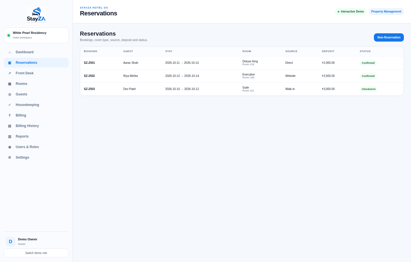 STAYZA demo: Reservation management interface